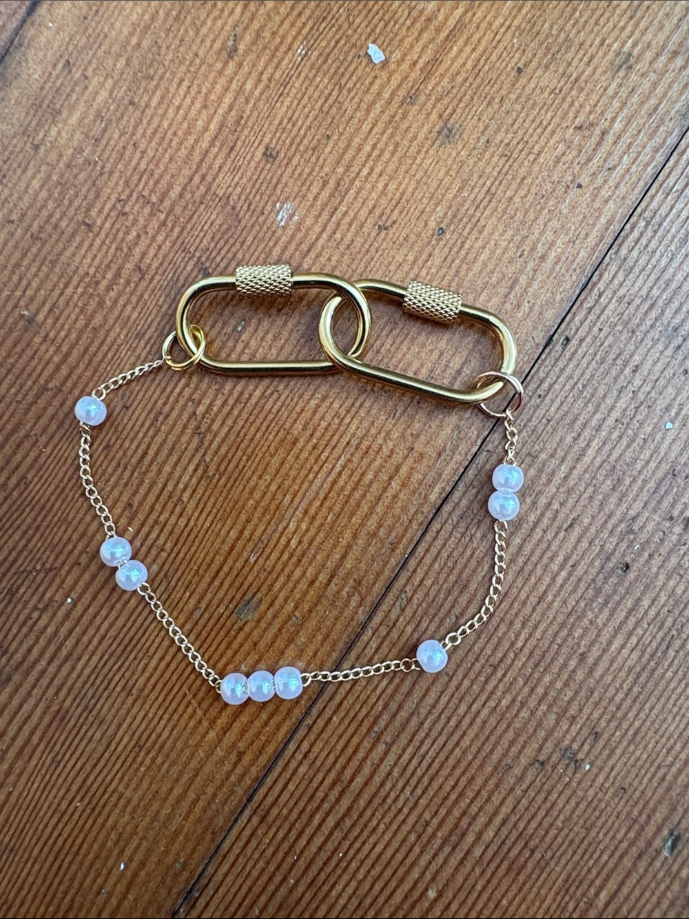 Hand-Crafted Gold Chain Bracelet with Opal-Bead Accents And Carabiner Clasps
